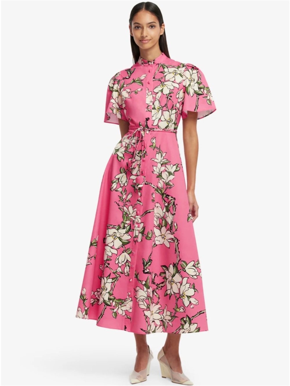 LEO LIN BIANCA SHORT SLEEVE MIDI DRESS IN PINK MAGNOLIA PRINT